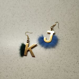 Fendi Gold Letter Earrings with Blue and Green Fur